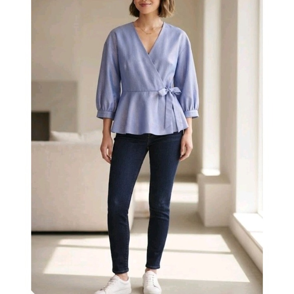 Halogen Blue Chambray Wrap Peplum Top Blouse Women XS Tie Waist V-Neck Short...